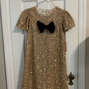 Biscotti Gold Sequin Dress with Black Bow